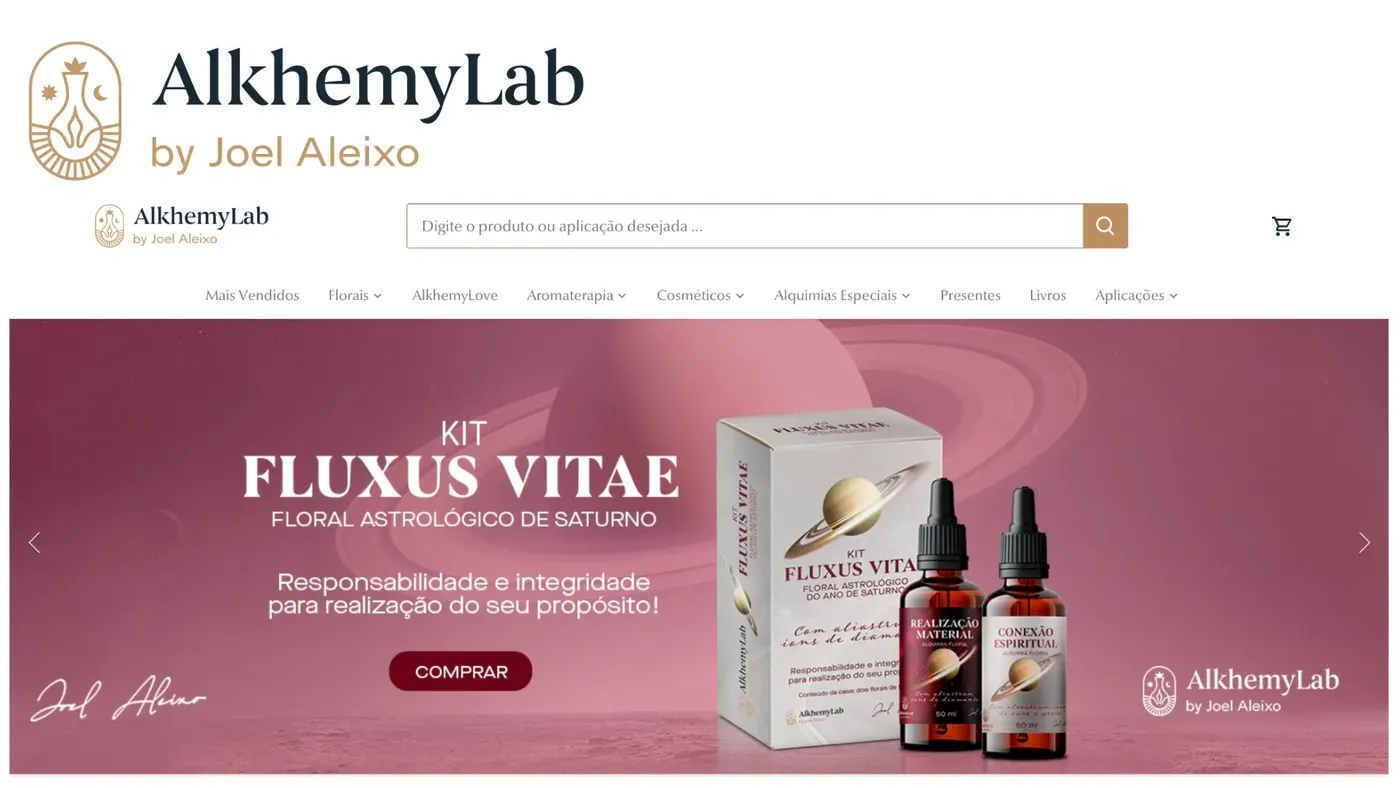 Peças da AlkhemyLab by Joel Aleixo: logo e página de loja com um kit de florais