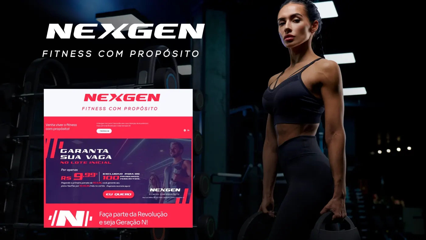 Peças da Nexgen: logo, página de lançamento e foto de academia
