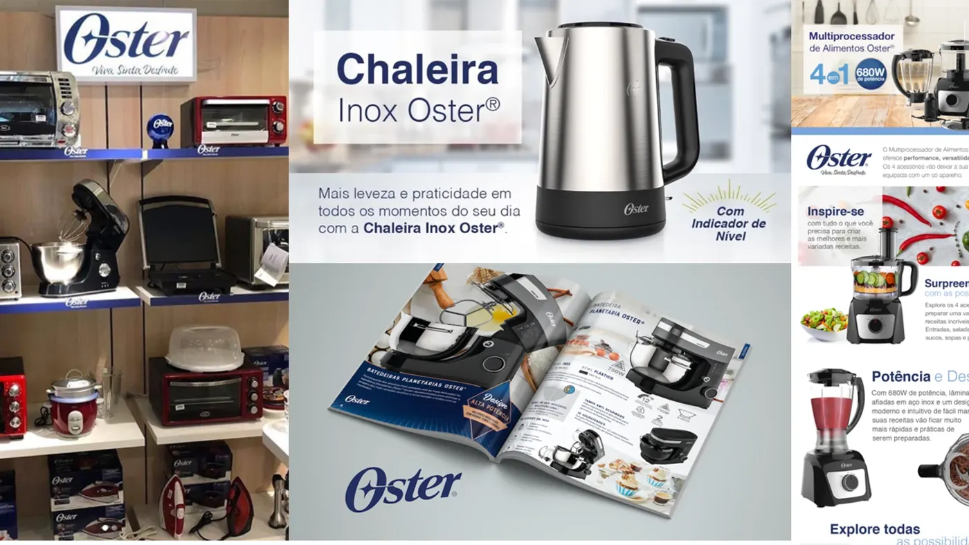 Peças para a Oster: ponto de venda, banner da chaleira, catálogo de batedeiras e página do multiprocessador