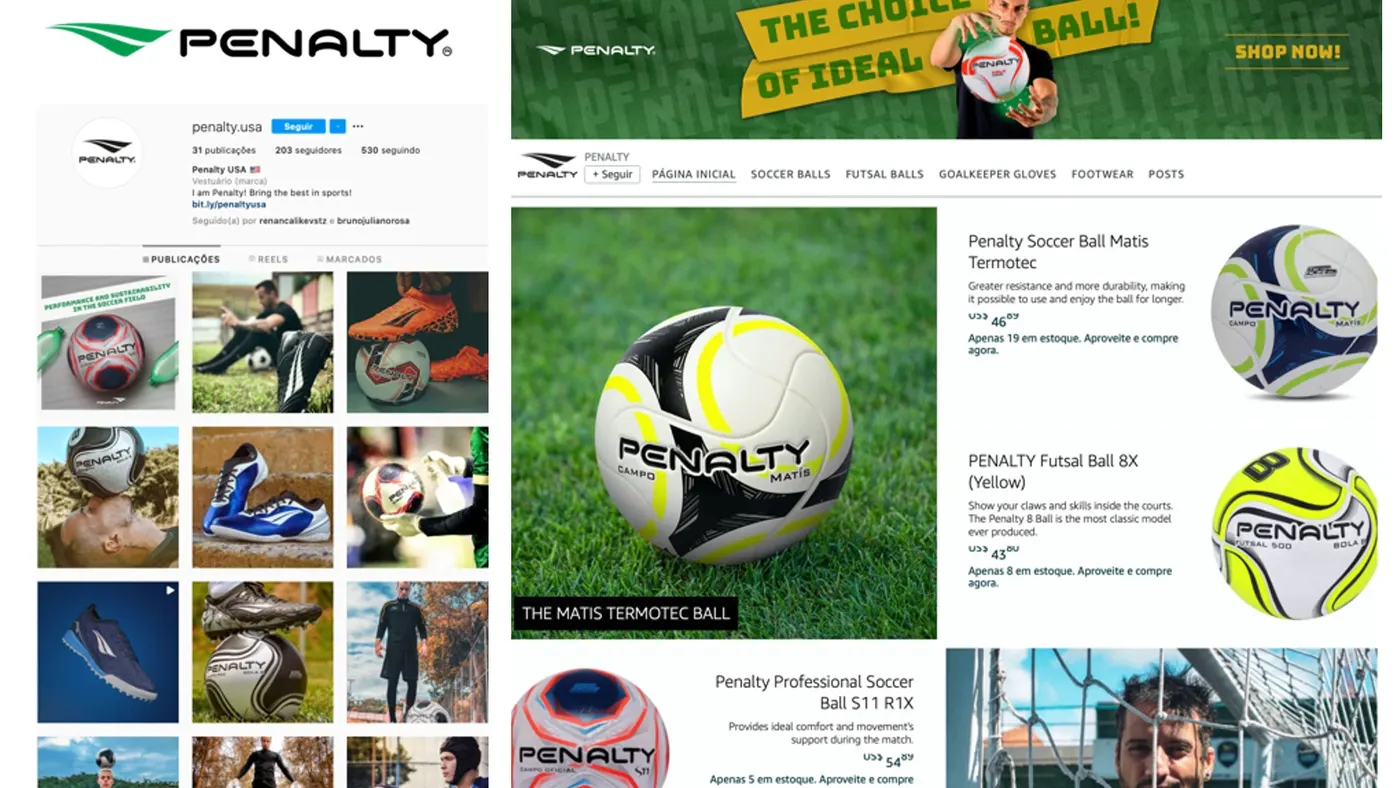 Peças da Penalty: logo, perfil de rede social e página de produtos