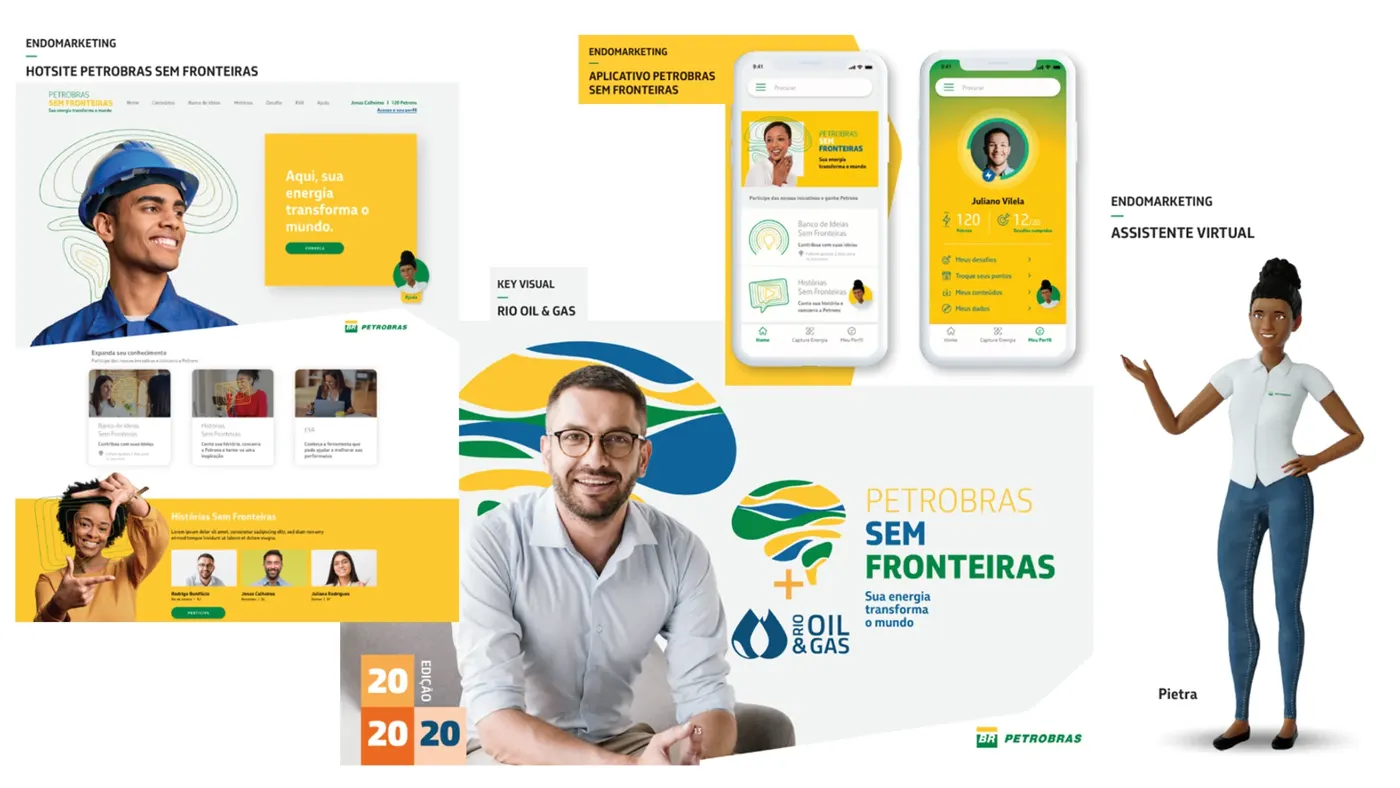 Peças de endomarketing da Petrobras: hotsite, aplicativo, key visual e assistente virtual